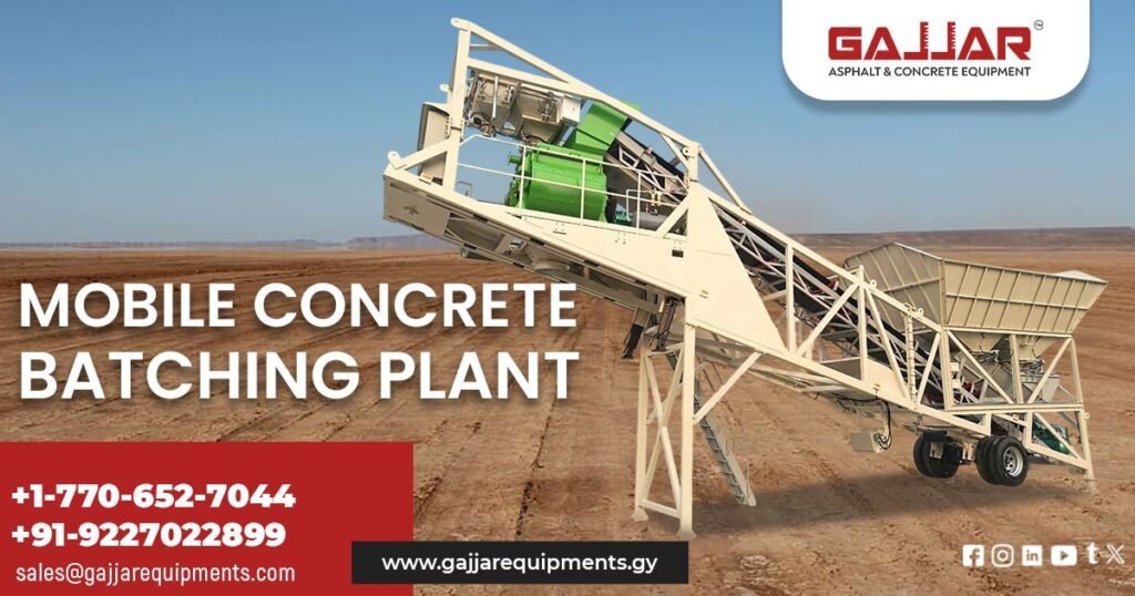 Mobile Concrete Batching Plant trailer-mounted setup operating in a tropical environment in Guyana, showing aggregate bins, mixer unit, and control cabin with lush green surroundings and bright sky.