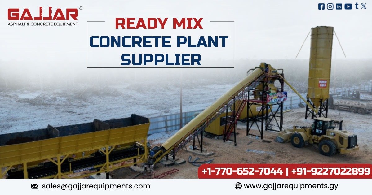 A modern Ready Mix Concrete Plant in Guyana with mixing equipment, silos, and trucks ready for concrete delivery.