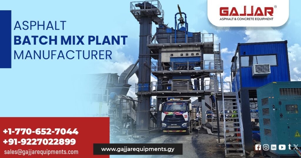 Modern Asphalt Batch Mix Plant by Gajjar Equipments Pvt. Ltd. operating in Trinidad and Tobago, featuring multiple cold aggregate bins, drying drum, hot elevator, twin-shaft mixer, and bag house filter system, designed for high-efficiency hot mix asphalt production.