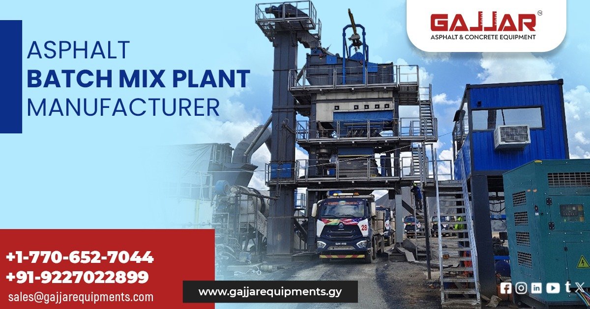 Modern Asphalt Batch Mix Plant by Gajjar Equipments Pvt. Ltd. operating in Trinidad and Tobago, featuring multiple cold aggregate bins, drying drum, hot elevator, twin-shaft mixer, and bag house filter system, designed for high-efficiency hot mix asphalt production.