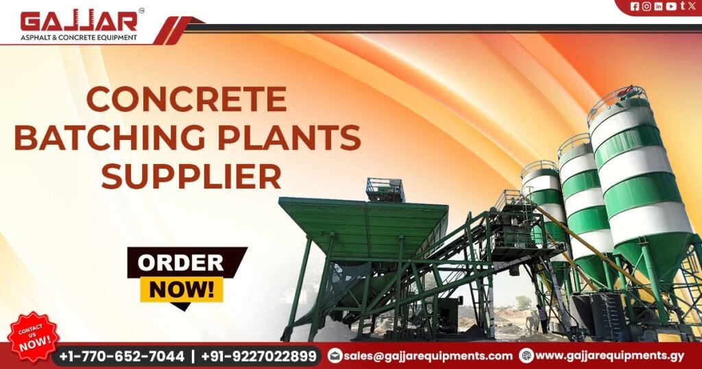 Compact concrete batching plant in Guyana by Gajjar Equipments – fast installation, space-saving design, and efficient concrete production.