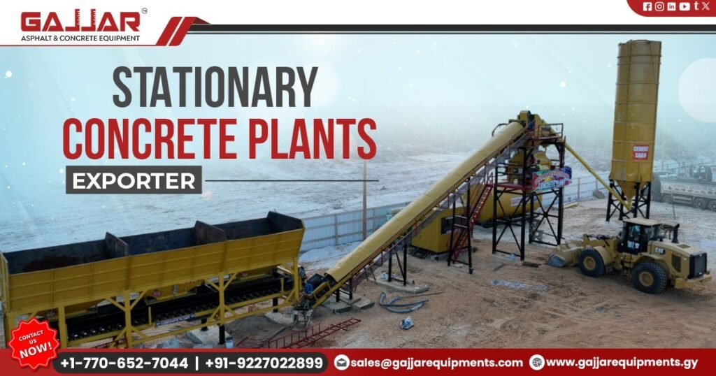 Stationary concrete plants exporter showcasing industrial equipment used for mixing and producing concrete at construction sites.